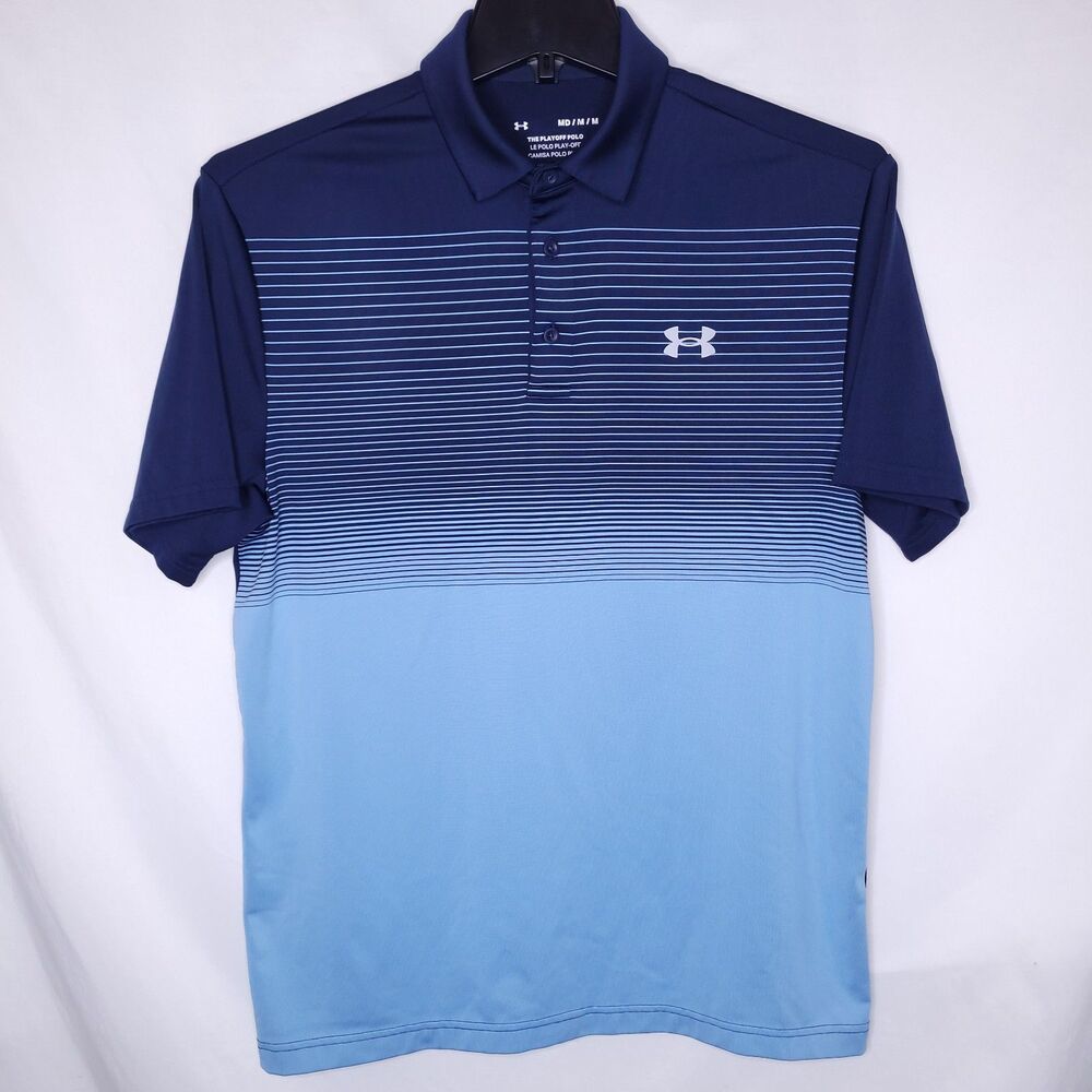 Under Armour Playoff Polo Shirt Mens Medium Striped Blue Performance
